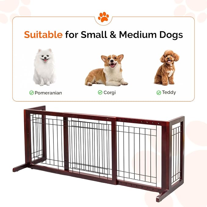 Bonnlo Free Standing Dog Gate, 37" - 68" Wide Pet Gate for Fireplace Stairs Doorways, Wooden Adjustable Pet Fence Indoor, Christmas Tree Gate (Cherry)