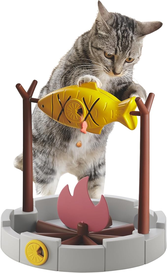 PetPals Cat Slow Feeder Treat Dispenser Interactive Cat Puzzle Fish Toy | Dry Food Dispensing Cat Toy for Small Pets & Kittens, Mental Stimulation Cat Feeding Toy Campfire Theme BBQ Fish Cat Toy