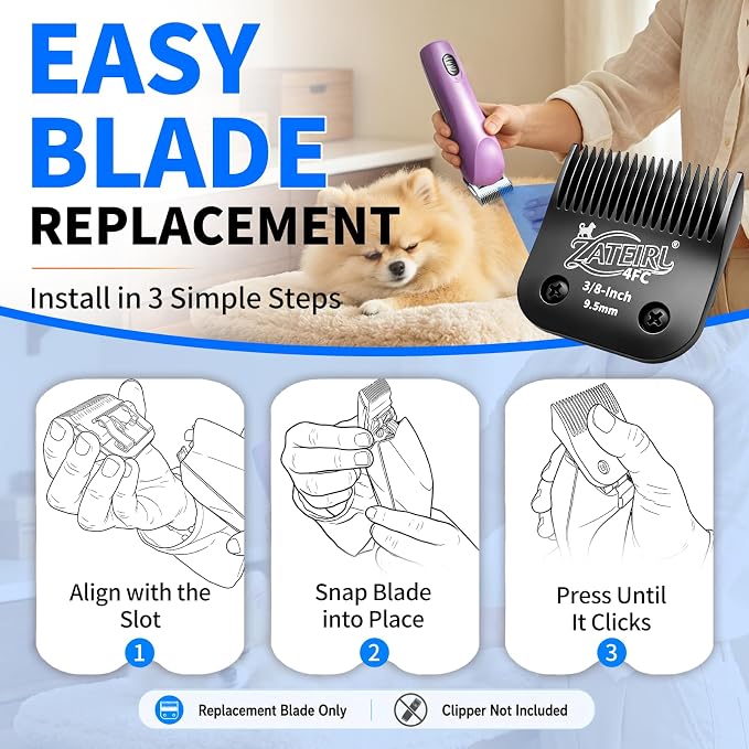 Size 4FC Detachable Pet Grooming Clipper Blade with Steel Cutter, 3/8 Inch (9.5 mm) Cut Length, Black, Compatible with Andis, Oster A5, Wahl KM10, 3 Pack