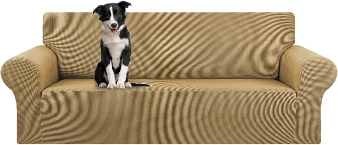 Stretch Oversized Couch Covers for Sofa Slipcover,Tan | 1-Piece Washable Sofa Cover (94"-110") 4-Seater Furniture Protector, Soft Jacquard Non-Slip Elastic Bottom for Dogs & Kids