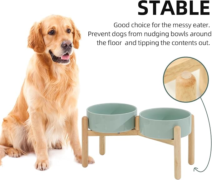 Havniva Elevated Dog Bowls Ceramic Dog Bowls with Stand, Dog Food Bowl | 8.3” Raised Dog Bowls with Non-Slip Wood Stand, Dog Food and Water Bowl Set, Double Dog Feeding Bowls for Large Dogs