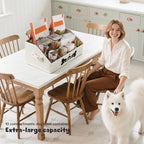 Dog Treat Container, Dogs Storage Organizer with Removable Dividers, Collapsible Dogs Treat Holder for Countertop, Trapezoid Pet Treats Containers, Dog Toy Basket with PU Handles, Large, Beige