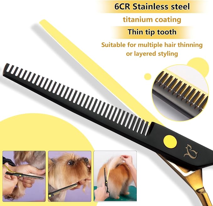 Dog Grooming Scissors,Paint Coated Curved Scissors Thinning Scissors with Safety Round Tips, Sharp and Durable 5 in 1 Dog Scissors for Grooming