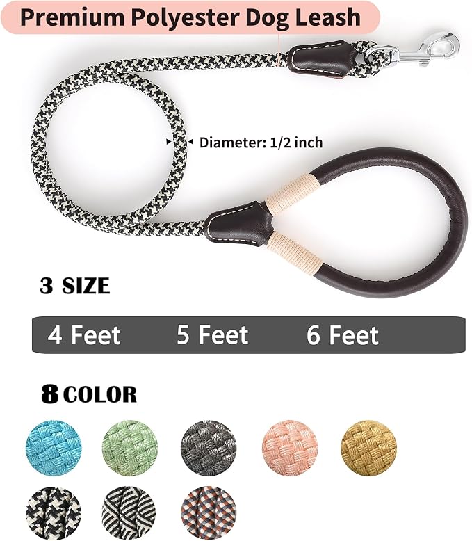 Mile High Life Dog Leash with Genuine Leather Handle, 4/5/6 FT | Comfortable Leather Grip Rope Leash, Heavy Duty 360° Swivel Metal Clasp, for Small Medium & Large Dogs (Khaki Black, 48 Inch)