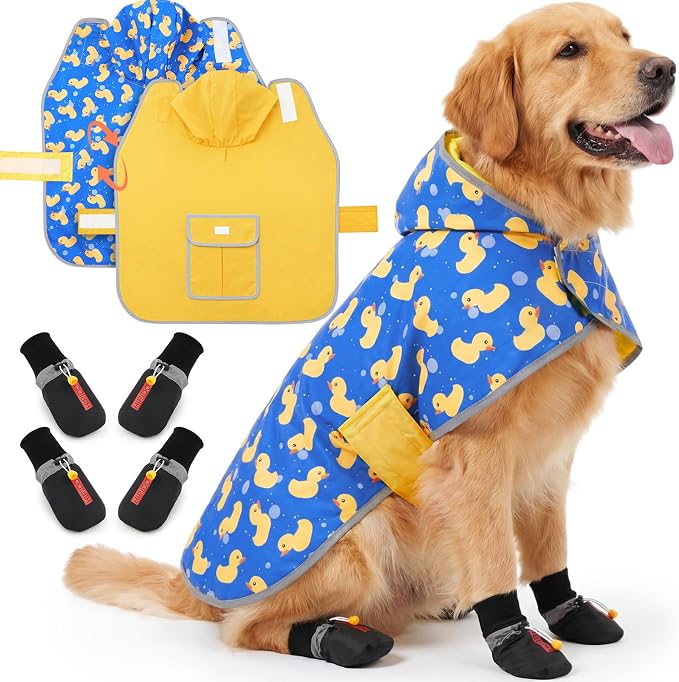 Dog Raincoat and Shoes for Weighing 20-38lbs, Spring Summer Waterproof Dogs Boots & Paw Protectors, Adjustable Pet Poncho with Leash Hole for Large Medium Small Dogs, Yellow(Double Side)