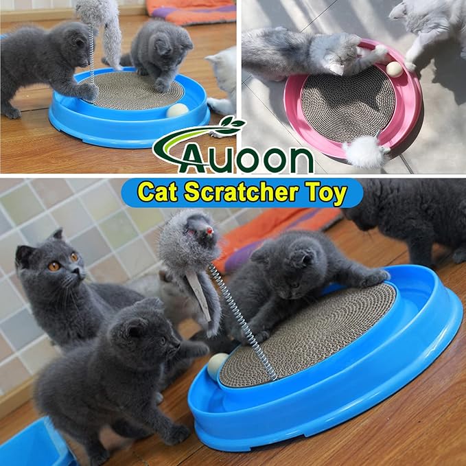 AUOON Cat Scratcher Toy with Ball Track for Indoor Cats and Kittens, Blue | 3 in 1 Interactive Cat Toy, Cat Scratch Pad with Cat Ball Toy and Cat Mouse Toy, for Chasing Exercise, Protect Furniture