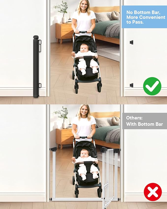 Retractable Baby Gates, 34" Tall Fits Up to 55" Wide, Black | No Bottom Bar Mesh Baby & Pet Gate with Anti-Crawling Hook, One-Hand Operation, Safety Lock for Stair, Doorway,Indoor/Outdoor