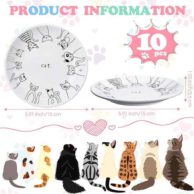 Irenare 10 Pcs Ceramic Cat Bowl 6 Inch Anti Whisker Fatigue Cat Plates Set Cute Shallow Pet Food Bowl Dishes for Food and Water, Kittens Small Animals(Cute Pattern)