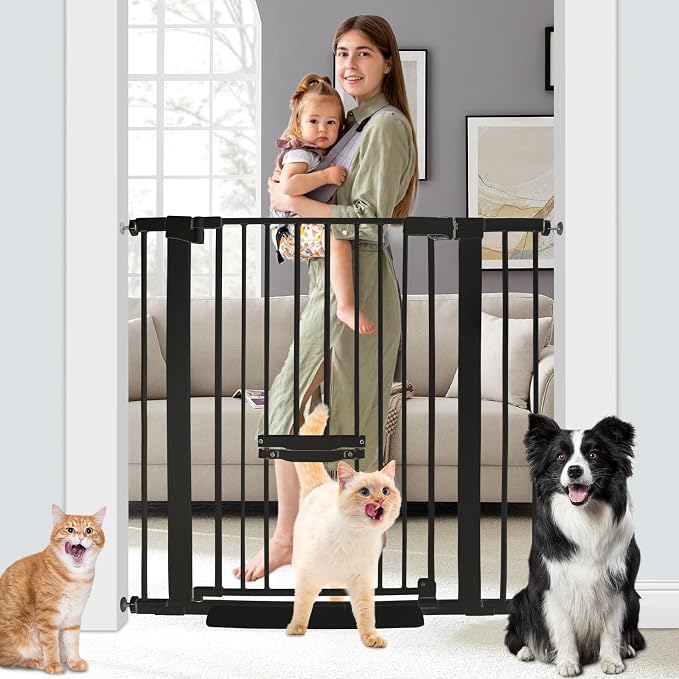 SHYUJAJIE 37 Inch Tall Baby Gate with Small Cat Door | Adjustable 29.55"-40.55 "Wide,Auto Close Dog Gate, Easy Walk Thru Pet Gate for Stairs, Doorway, House, Pressure Mounted