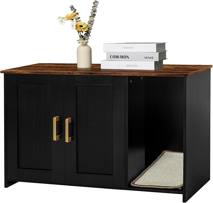 Dwanton Litter Box Enclosure, Cat Litter Box Furniture Hidden, with Scratching Mat, Wooden Cat Washroom Indoor, 31.5" L x 19.7" W x 21.7" H, Black and Rustic Brown