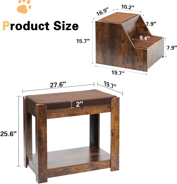Large Dog Window Perch with 2-Tier Stairs,Sturdy Wood Frame, Rustic Brown | SogesPet Indoor Pet Perch with Steps to Look Out Window, for Cats Dogs, Non-Slip Removable Soft Pads, Max Load 66lbs