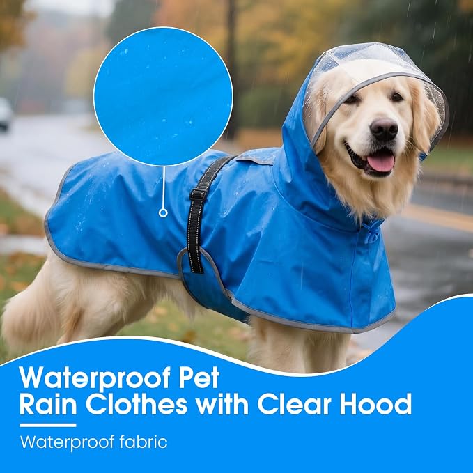 BRKURLEG Dog Raincoat, Waterproof Rain Jacket with Clear Hood for Small Medium and Large Dogs, Adjustable Reflective Pet Rain Coat Poncho with Leash Hole, Blue XXL