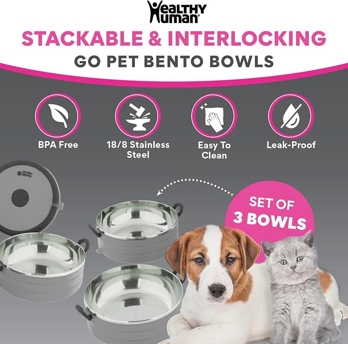 Healthy Human Travel Pet Bento Bowls - Human-Grade Stainless Steel & BPA-Free, Leak-Proof Water & Food Container Set for Dogs & Cats, 3-Pack Interlocking Bowls, Includes Spare Clips & Handle (Gray)