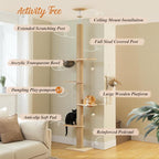 PETEPELA Floor to Ceiling Cat Tree, 79-103'' Adjustable Wood Tower, Beige | Tall wooden cat tower for indoor cats; 4'' all-sisal posts, acrylic bowl & pompom; tension top & wide base add steadiness