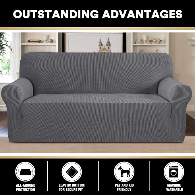 Stretch Sofa Cover Slipcover 1-Piece, Spandex Jacquard Fabric Universal Couch Cover for 3 Cushion, Washable Non Slip Sofa Cover, Pet Friendly (Large Sofa 90"-100",Grey)