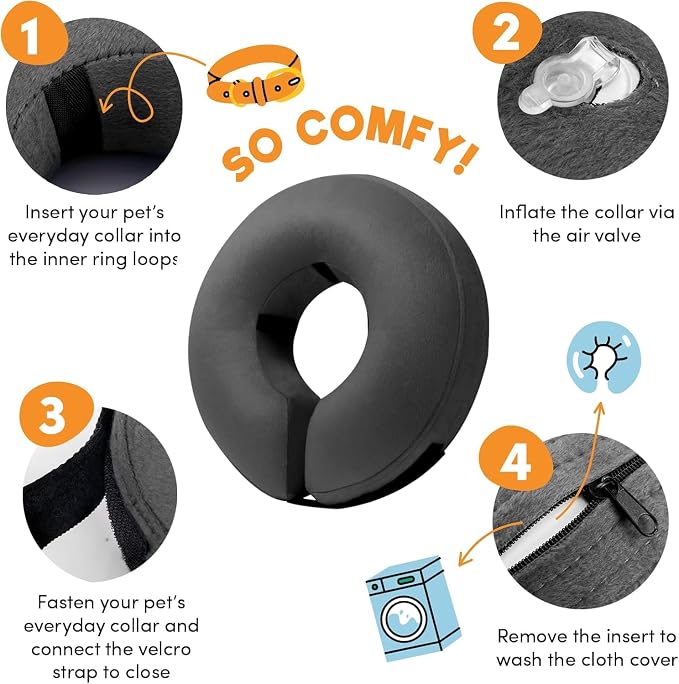 BENCMATE Inflatable Dog Cone Collar Alternative, Soft Dog Cone for Small Medium Large Dogs and Cats, Neck Recovery ECollar Donut Collar After Surgery (Medium+, Dark Grey)