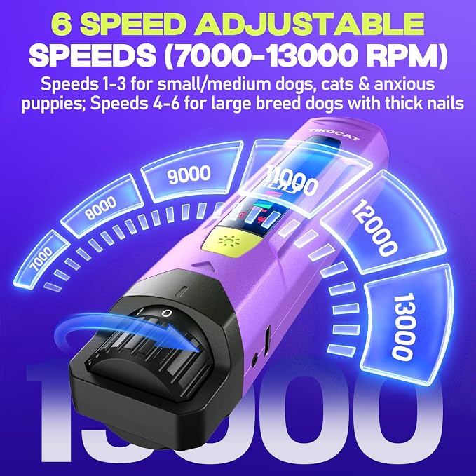 Whisper-Quiet Dog Nail Grinder 50%More Power for Sensitive Dogs,Cat | 6-Speed Pet Nail Trimmer with LED Display & 4 LED Lights, 3 Grinding Bits, No Over-Cutting,Stress-Free Grooming for All Pets