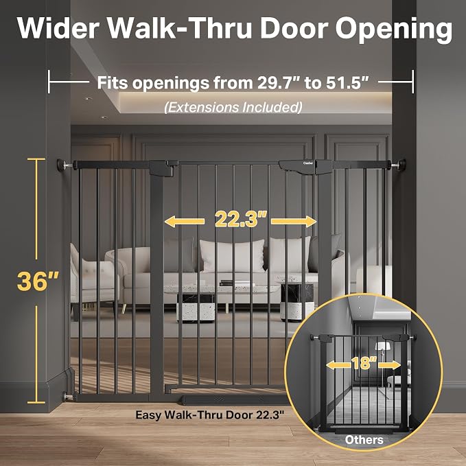 Cumbor 36 in Extra Tall Baby Gate for Stairs, 29.7-51.5 in Dog Gate Black | Mom's Choice Awards Winner, Auto Close and Double Lock Child Gate for Toddlers & Pets, Pressure or Hardware Mounted