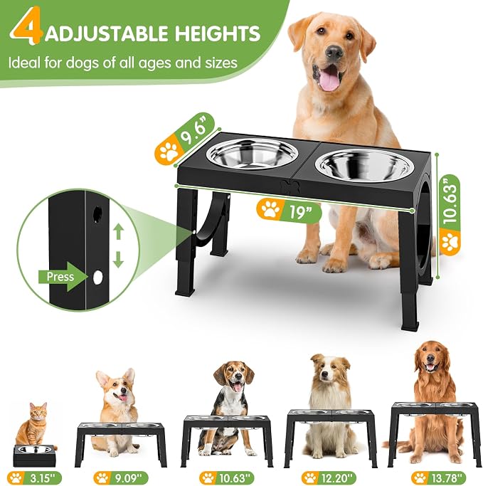 XIAZ Elevated Dog Bowls Large Breed Raised Dogs Bowl Stand Large/Medium Sized Dog Stainless Steel Food Water Bowl Stands 5 Heights Adjustable 9/11/12/14in Black Pet Feeder Dish Station