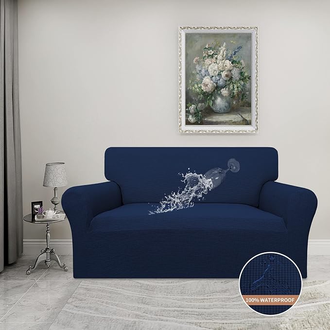 Easy-Going 100% Waterproof Loveseat Couch Cover Stretch Jacquard Sofa Cover | Dual Waterproof Sofa Slipcover, Leakproof Furniture Protector for Kids, Pets, Dog and Cat (Loveseat, Navy)