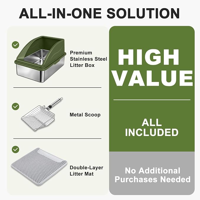 AIPERRO Stainless Steel Litter Box | XL Enclosed Cat Litter Boxes with Lid for Big Cats | High Sided, Anti-Urine Leakage | Non-Stick Bottom & Includes Litter Mat & Metal Scoop (Olive Green)