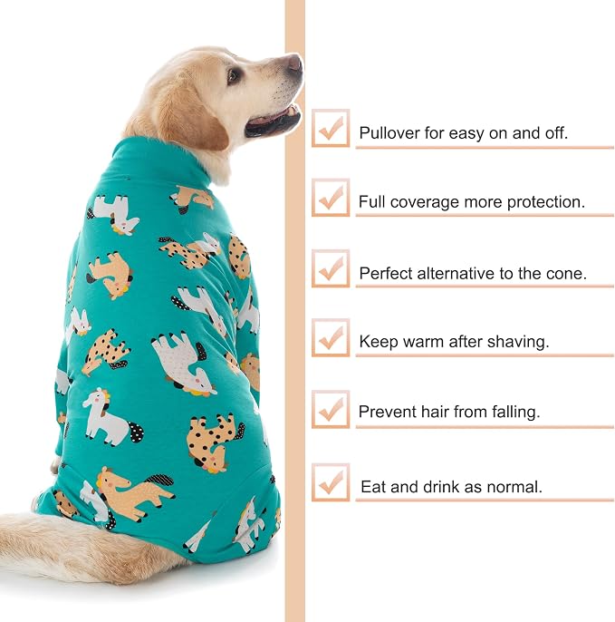 Dog Recovery Suit After Surgery Female Male, Medium Large Dog Neuter Shirt Cone Alternatives Prevent Licking Surgical Onesies (Green Pony, 7XL)