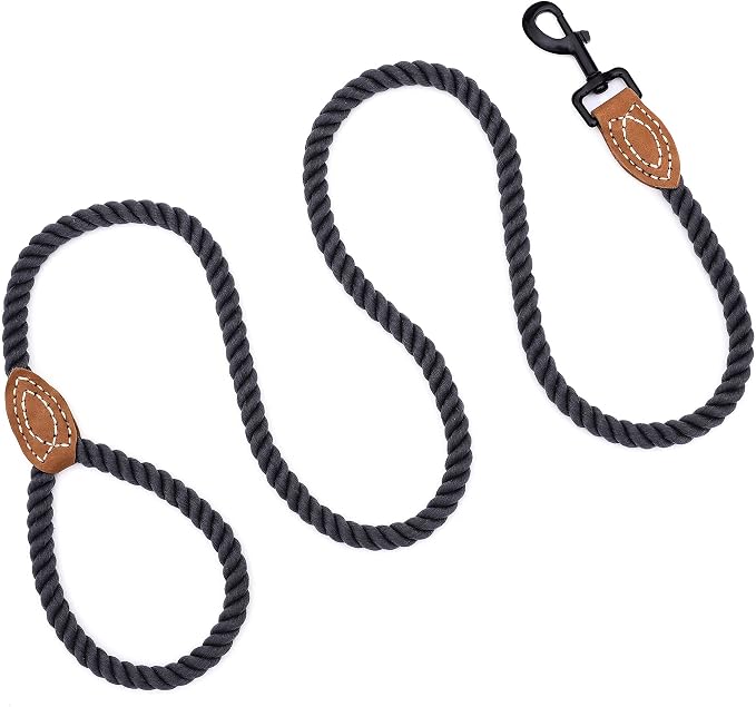 Mile High Life Dog Leash Braided Cotton Rope with Leather-Reinforced Ends | Rust-proof 360° swivel clasp, Heavy-duty for medium/large dogs. Great for weddings, daily walks (4 FT, 1/2", Dark Gray)