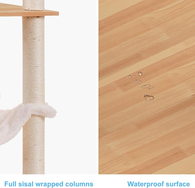 Hey-brother Wooden Cat Tree Tower with Hammock for Indoor Cats, MPJ120WB | 66.14 Inches Modern Scratching Post with Large Condo, Plush Top Platform, Cozy Basket, Bed, Hanging Toys, Walnut