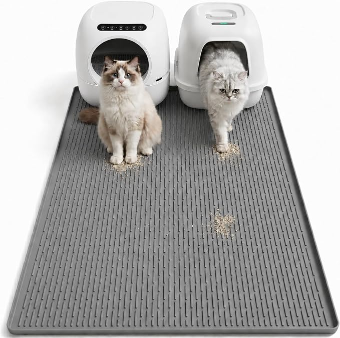Cat Litter Mat 40"x28", Silicone Waterproof Litter Box Mat, Non-Slip Litter Trapping Mat for Cats, Easy Clean Foldable, Dark Gray