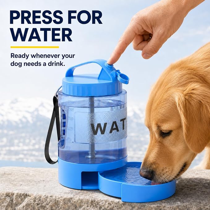 Portable Dog Water Bottle with Travel Bowl, 77 oz/2.2 L, Blue | 2-in-1 portable dog water bottle with pull-out bowl; BPA-free plastic, silicone seal, wide mouth and grip for hikes or travel