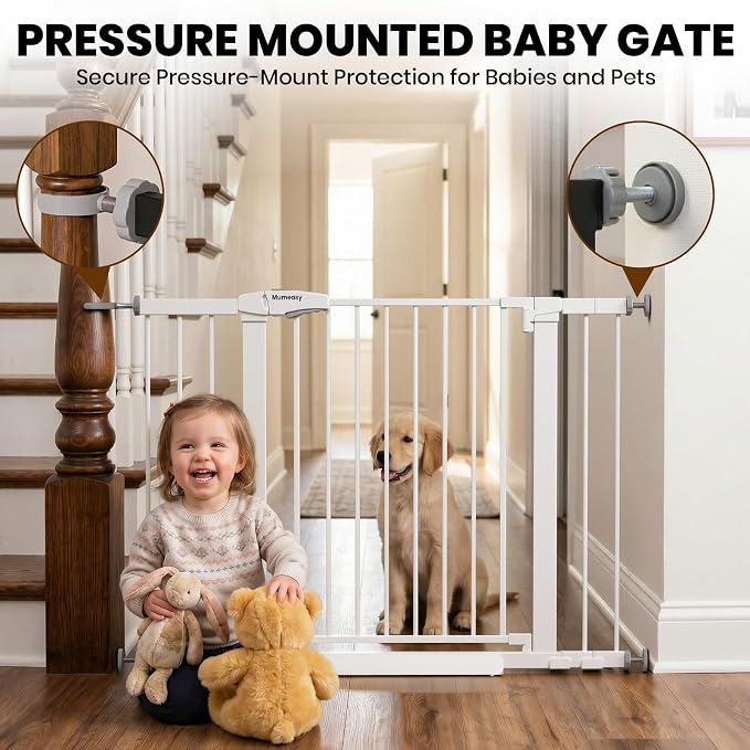 Mumeasy 29.7-46" Baby Gate, Stair Safety Gate for Round Banisters | Y spindle hardware, fits round banisters, no drill installation, auto close door, for babies toddlers and dogs