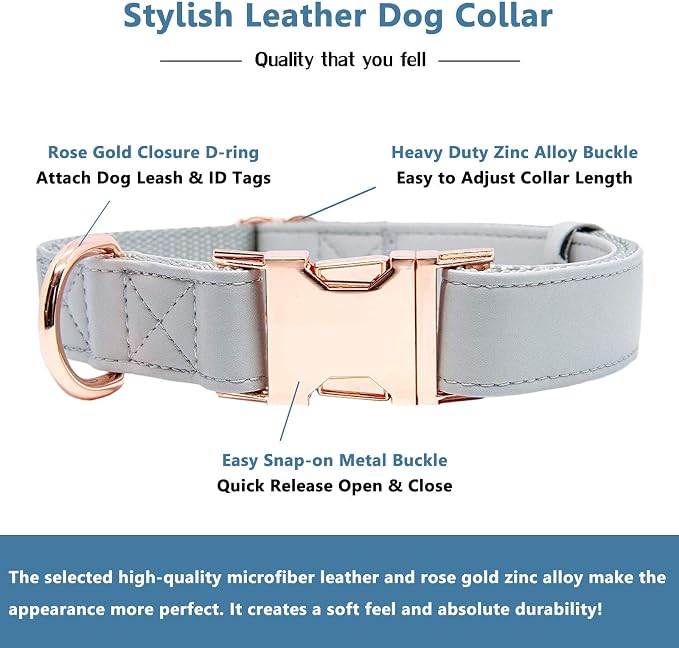 Soft Leather Dog Collar and Leash (6.6') Set - Stylish Rose Gold Heavy Duty Metal Buckle, 4 Adjustable Lengths Leash for Small Medium Large Dogs - Comfortable & Easy to Clean Grey M(13.8"-19.7")