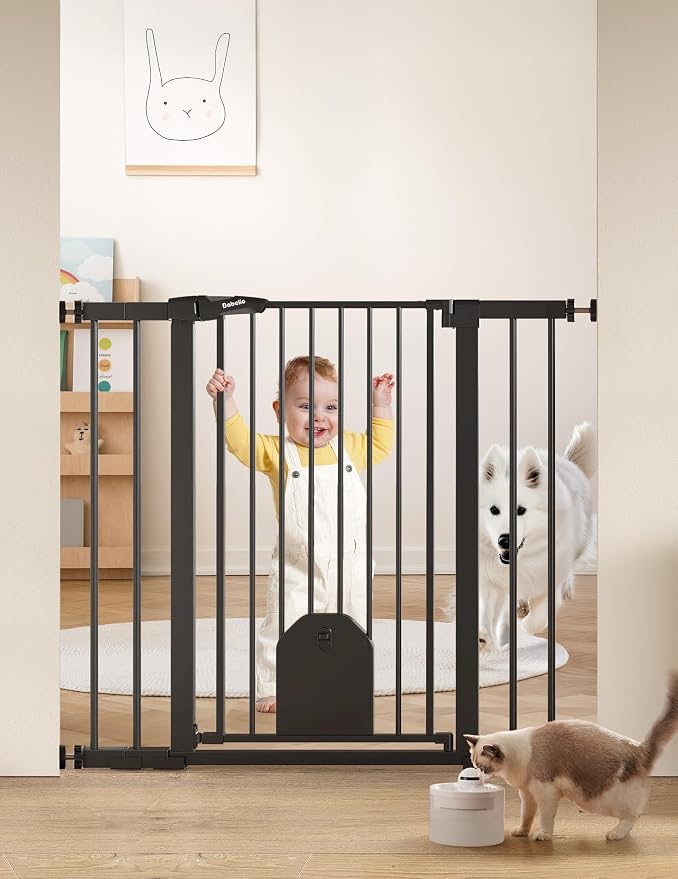 Babelio 36" Tall Baby Gate with Adjustable Cat Door, CatPrivilege I, 29-43" | Auto Close, Safety Gate for Stairs, Easy Walk Thru with Pet Door, Includes 4 Wall Cups and 3 Extension Pieces, Black
