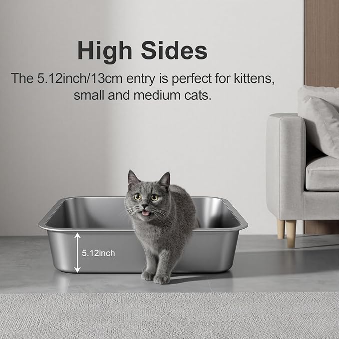 Stainless Steel High Sided Cat Litter Box | Sturdy Metal, Odor-free, Cat Litter Non-stick and Easy to Clean, Ideal for Indoor Cats, Kittens and Multicat Houses