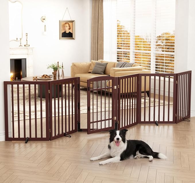 Homykic Dog Gate Indoor, 142" W x 30" H Extra Wide Foldable Bamboo Pet Gate with Door, No Assembly Freestanding Dog Fence with 2 Support Feet & 360°Hinges for Doorways Hallways (Espresso, 6 Panels)