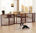 Homykic Dog Gate Indoor, 142" W x 30" H Extra Wide Foldable Bamboo Pet Gate with Door, No Assembly Freestanding Dog Fence with 2 Support Feet & 360°Hinges for Doorways Hallways (Espresso, 6 Panels)