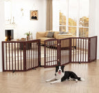 Homykic Dog Gate Indoor, 142" W x 30" H Extra Wide Foldable Bamboo Pet Gate with Door, No Assembly Freestanding Dog Fence with 2 Support Feet & 360°Hinges for Doorways Hallways (Espresso, 6 Panels)
