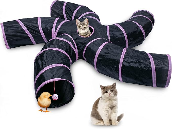 EGETOTA Cat Tunnel for Indoor Cats Large, with Play Ball S-Shape 5 Way Collapsible Interactive Peek Hole Pet Tube Toys, Puppy, Kitty, Kitten, Rabbit (Pink & Black)