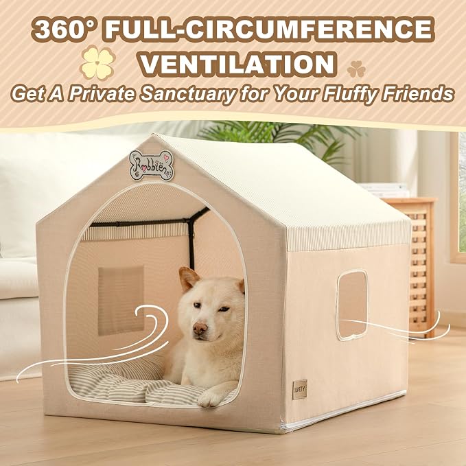 Jiupety Indoor Dog House with Frame, Cute Dog Tent Bed with Cover Cave, Breathable, Washable, and Foldable House, Suitable for 22-40 Lb, Large (25"×25"×25"), Beige