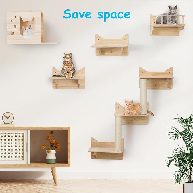 Cat Wall Shelves, 9-Piece Cat Wall Furniture with Sisal Mats | Solid pine cat shelves for wall with cat house, cat wall climber, cat wall ladder and floating shelves for large indoor cats