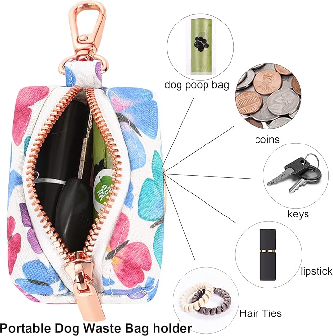 ARING PET Dog Waste Bag Dispenser, Cotton Doggy Poop Bags Holders Attach to Any Leashes, Portable Washable Butterfly Pattern Pet Waste Pouch Dispenser with Metal Zipper
