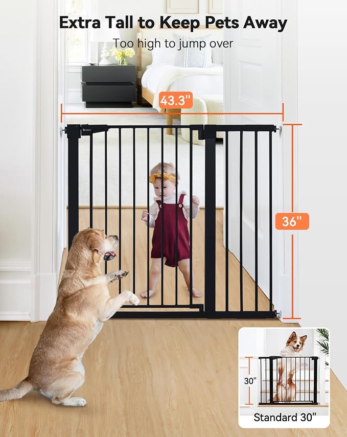 COMOMY 36" Extra Tall Baby Gate for Stairs Doorways, Fits Openings 29.5" to 43.3" Wide, Auto Close Sturdy Safety Dog Gate for House, Pressure Mounted Easy Walk Through Pet Gate with Door, Black