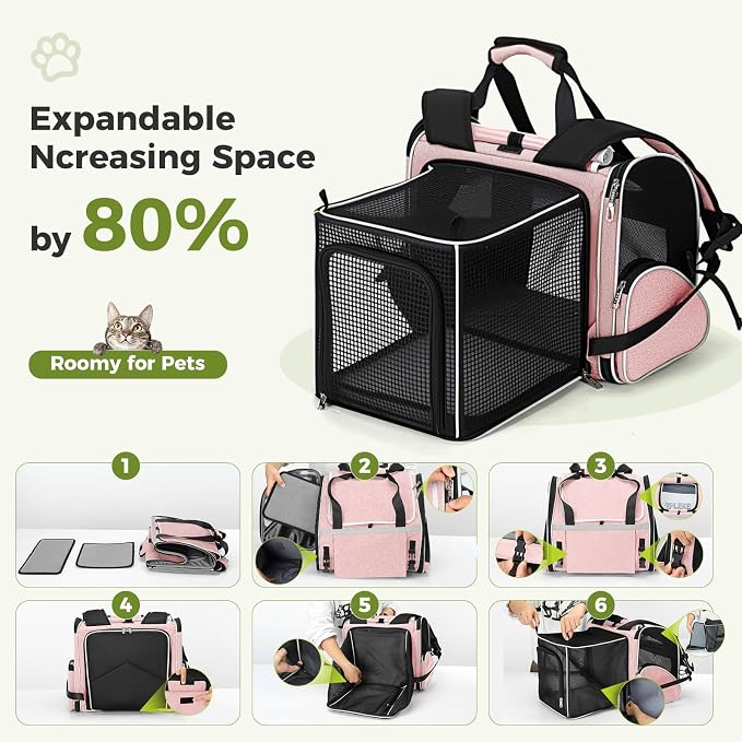 Lekereise Expandable Cat Backpack Carrier for Cats and Small Dogs up to 18 lbs, Widened Interior with 30% More Bottom Space, Rear Expansion up to 80% More Space, Breathable Mesh, Sun Shade, Pink