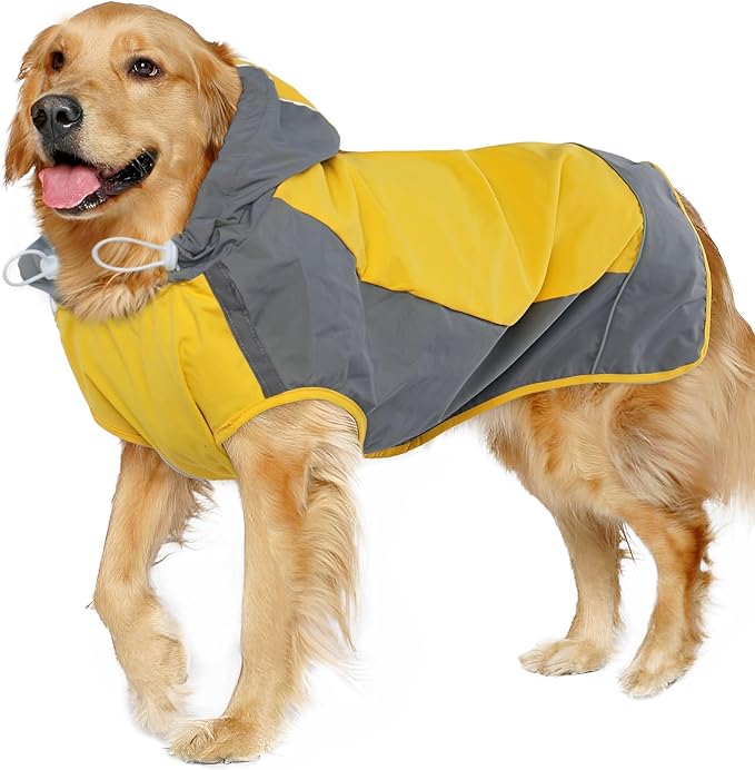 IECOii Hooded Dog Raincoat,Reflective Large Dog Rain Poncho,Ensure Safety in Low - Light Conditions, Adjustable Fit with Magic Sticker,Lightweight Waterproof Pet Rain Coat,Yellow,XXL