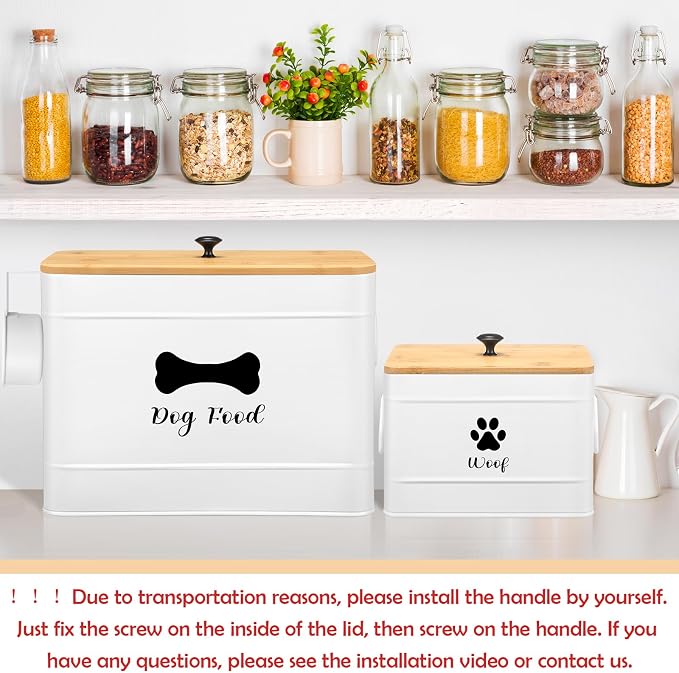 2Pcs Extra Large Metal Dog Food Containers Airtight 12 & 3.5 Lbs Dog Treat Snack Jars Set of 2 with Bamboo Lids and Spoons Farmhouse Big Pet Cookie Storage Jars for Kitchen Counter Gift (White)