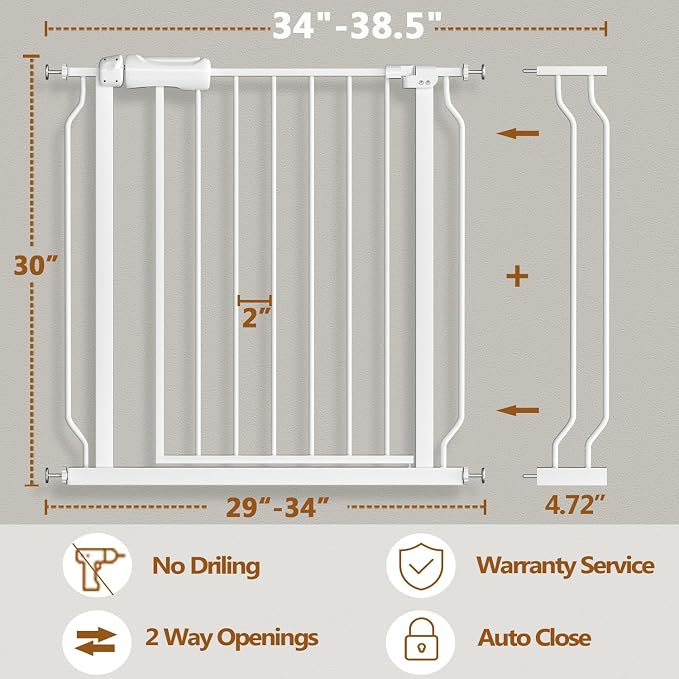 Fairy Baby 34-38.5 Inch Extra Wide Baby Gate for Doorways Stairs Hallway | Walk Through Baby Gates with Pressure Mounted Extention Kit, Indoor Auto-Close Safety Child Gates for Kids or Pets, White