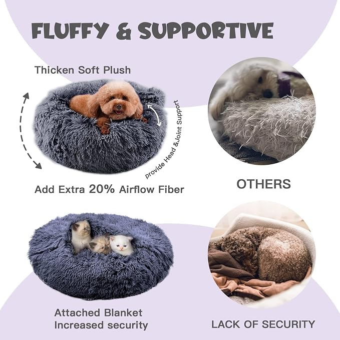 Himax Covered Large Dog Bed with Blanket Attached Calming Burrow Deep Grey | 35in Anti-Anxiety Donut dog bed with cover, Washable Round Fluffy Pet& Cat Beds for Indoor