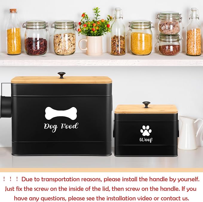 2Pcs Extra Large Metal Dog Food Containers Airtight 12 & 3.5 Lbs Dog Treat Snack Jars Set of 2 with Bamboo Lids and Spoons Farmhouse Big Pet Cookie Storage Jars for Kitchen Counter Gift(Black)