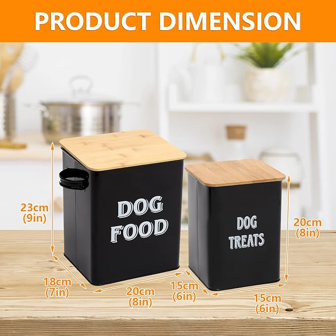 Dog Food Storage Container Farmhouse Pet Food Treats Bin with Lid and Scoop, Perfect Sturdy Canister Tins for Kitchen Countertop, Shelf, Great Gift for Pet Owners - Dog Food - Black