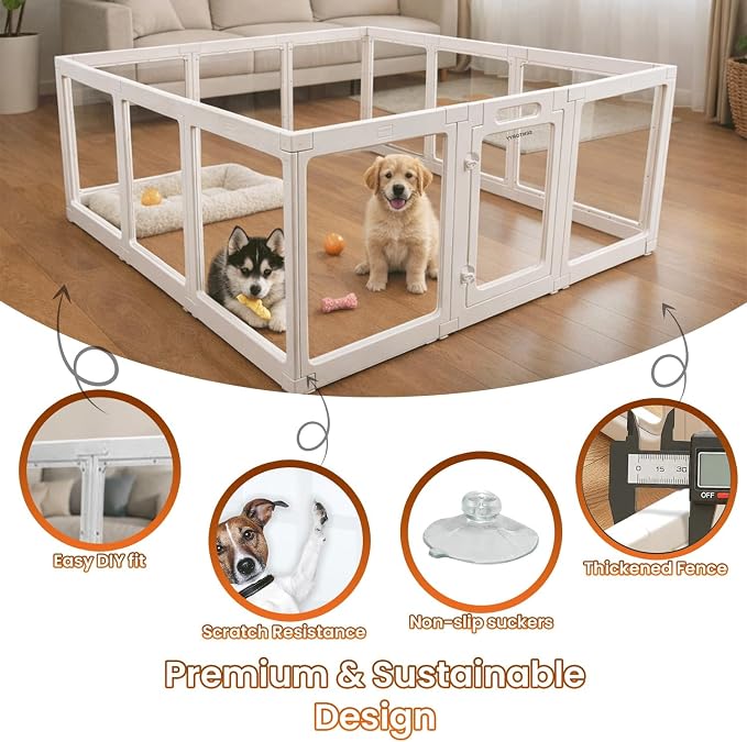 Transparent Indoor Dog Playpen with Safety Lock, Indoor Dog Fence for Small & Medium Pets | Secure, Stylish, Easy Clean Play Pen for Dogs & Pets with Scratch Resistant Panels (White, 16 Panels)